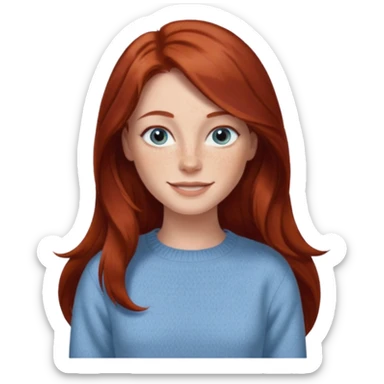 woman with long dark auburn red hair that is mostly straight but has slight waves to it. grey blue eyes. some freckles. wearing a Swedish style sweater that is neutral. smiling.  sticker