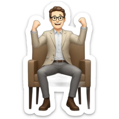 Joyful Celebrating victory Hands up Pale skinned Fit Man With dark brown hair in gray jacket, beige office shirt, Brown pants and vintage glasses sitting In a soft chair sticker