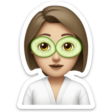 White girl with Brown hair and blue eyes wears a Green colored mask clay textured mask and puts on cucumbers around her eyes while She relaxes in her white Robe sticker