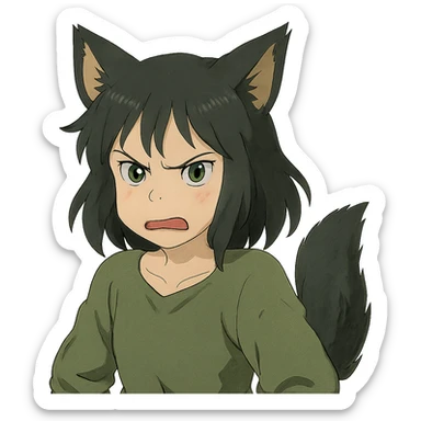 A girl with black fox ears and a tail, green eyes, dark hair, looking angry sticker