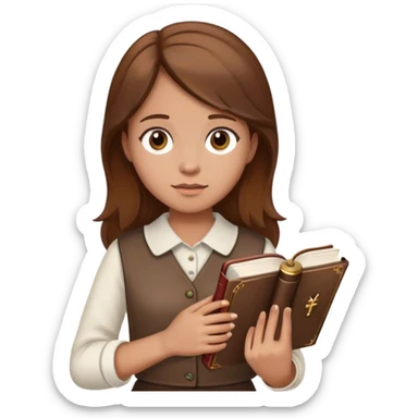 Girl with brown watch hair hold a bible sticker