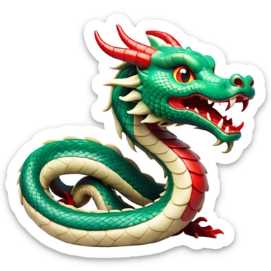 Cinematic Comical Chinese Serpent Dragon Portrait Emoji, Head tilted dramatically with an exaggeratedly amused expression, featuring a sleek, serpentine form adorned in luminous jade and vermilion scales interlaced with playful cloud and water accents; rendered with vibrant, lifelike textures and dynamic natural shadows, high shine, playful yet wise, styled with an air of cheeky ancient mystique, soft glowing outline, capturing the essence of a spirited and humorously enigmatic celestial dragon that looks ready to spiral into legendary lore! sticker