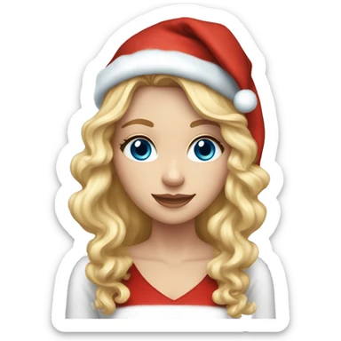 White girl with blue eyes and long curly blonde hair wearing a Christmas hat sticker
