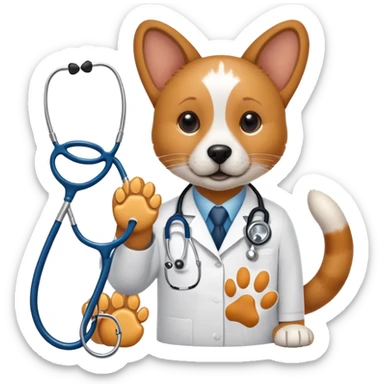 An icon featuring a stethoscope, a microscope, and an animal paw print, symbolizing veterinary science. The design includes a dog and a cat in the background, representing animal health research, diagnostics, and treatments. Transparent background highlights the scientific study of animal care. sticker