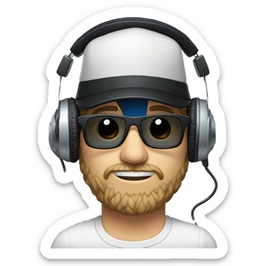 scruff white man in a backwards baseball black hat and rectangle glasses wearing headphones with microphone -  blue eyes sticker