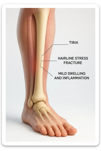 3D realistic medical illustration: a close-up of a human lower leg (tibia), showing the bone with a visible hairline stress fracture. The surrounding soft tissue is semi-transparent, highlighting mild swelling and inflammation. Educational labels point to the fracture site. The background is clean and clinical, with a subtle gradient. sticker