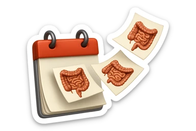 emoji stile iphone di un calendario con fogli che volano insieme, sui fogli ci sono disegnati degli intestini anatomici, iperrealistico 4k, isolato su sfondo bianco sticker