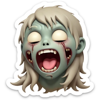 Cinematic Cute Yawning Zombie Portrait Emoji, with a delightfully quirky, slightly disheveled face in muted ashen tones, head tilted back in a big, funny yawn that reveals quirky stitches and playful gaps, simplified yet irresistibly charming, highly detailed with a soft, eerie glowing outline capturing the sleepy, offbeat vibe of a zombie taking a nap! sticker