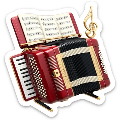  "Create a refined and elegant emoji representing a high-end Weltmeister accordion with a music stand (pupitre) and sheet music. The design should feature the accordion with its distinctive bellows and keys, positioned gracefully next to a music stand holding visible sheet music. Add musical notes flowing from the sheet music to symbolize the performance. Use rich, classic colors like deep red or black for the accordion, with gold accents to reflect its luxury. The background should be transparent sticker