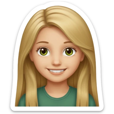 A smiling young girl with long dirty blonde hair and hazel green eyes sticker