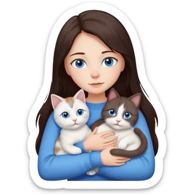 a girl with long dark 
brown hair, with blue eyes, in a
white sweater, hugs 3 different natural coloured cats sticker