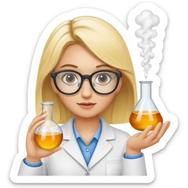 Eine hellblonde Chemikerin mit typischem Erlmeyerkoblben in der Hand und Chemiebrille auf sticker