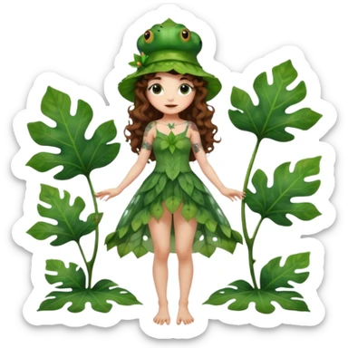 full body woman long curly brown hair brown eyes white skin tattoos wearing cute frog hat and sheer leaf dress, barefoot, flirty forest fairy pose sticker