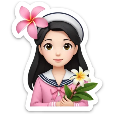  A girl with a black half-up half-down hairstyle, and a Pink sailor suit, enjoying the spring breeze.Holding a bundle of frangipani sticker