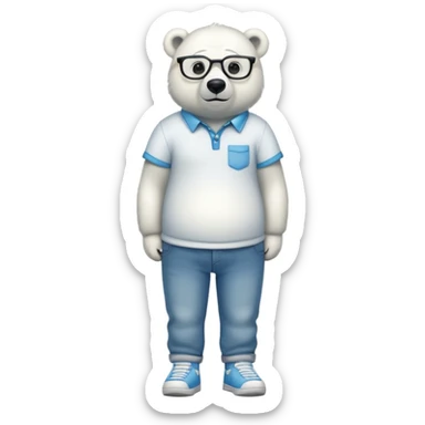 friendly anthropomorphised polar bear standing upright, looking relaxed, wearing a shirt, jeans, trainers, extravagant glasses sticker