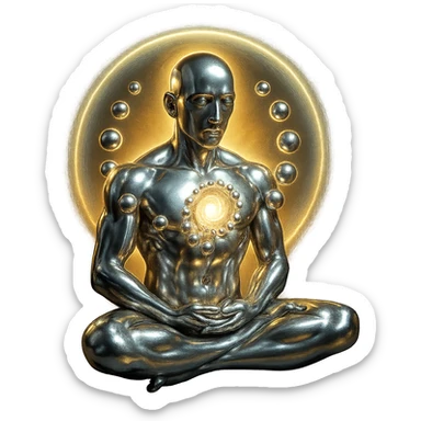 Add a glowing aura around the abstract chrome meditating figure with open chest and radiant spiral of spheres, keep the style polished and harmonious, no background. sticker