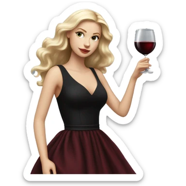 Blonde White girl in black Elegant dress with red wine, HYPER REALISTIC sticker