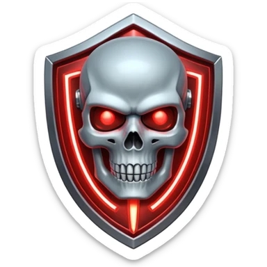 Sci-fi shield badge, terminator style skull, glowing red eyes, crossed futuristic light sable and energy sword, no background sticker