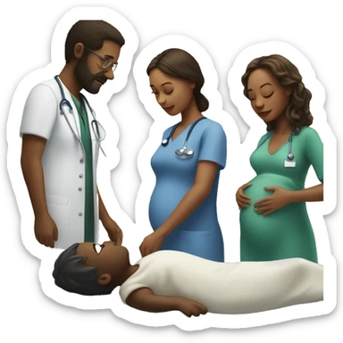 a woman gives birth and doctors stand nearby sticker
