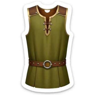 A stylized 3D render of a sleeveless medieval tunic, olive green fabric, scoop neck with a small keyhole opening fastened by brown leather toggles. sticker