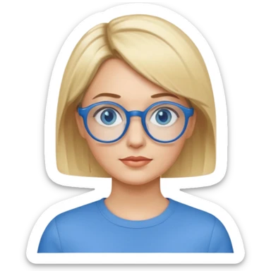 femme 40 ans cheveux extremement courts blond avec raie sur le coté, yeux bleu et lunettes rondes bleues sticker