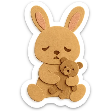 flawless, highly detailed, high quality paper craft style illustration of a caramel-colored bunny holding a teddy bear, eyes drooping, perfect proportions, no imperfections, intricate textures, soft lighting, delicate cut-paper details sticker