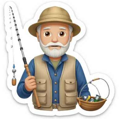 an old white haired, bearded man in fisherman attire, stood in a boat at sea, holding a fishing rod and catching fish with it. sticker