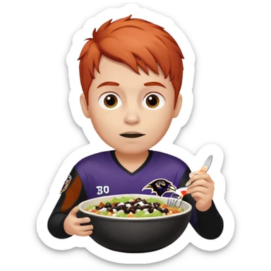a red-haired boy wearing a ravens jersey and eating a chipotle burrito bowl sticker