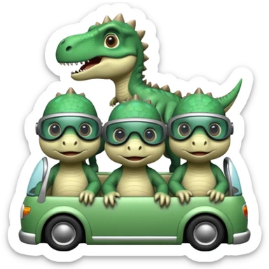Tres dinosaurios bebés grises cada uno subido en un carro tecnológico blanco con lentes de realidad virtual sticker