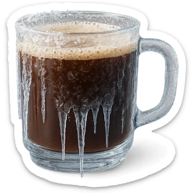 transparent cup of coffee with icicles and a frozen look sticker