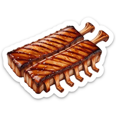 Cinematic juicy grilled ribs, glistening with smoky barbecue sauce, charred edges, tender meat falling off the bone, sizzling on a hot grill, mouthwatering and rich, warm and inviting, ultra-realistic and delicious. sticker