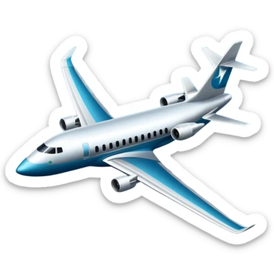 A wide-body aircraft with tall tail fins and glowing cabin windows cruising at high altitude.
 sticker