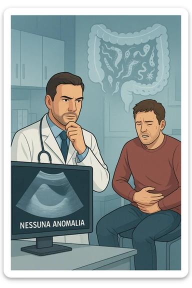Medico in camice bianco in uno studio moderno, mentre osserva una TAC o ecografia su uno schermo con espressione convinta. Accanto a lui, un paziente seduto che lamenta dolori intestinali. Sullo sfondo, un’immagine traslucida dell’intestino pieno di piccoli parassiti stilizzati (vermi, protozoi), non visibili nel monitor medico. Il monitor mostra 'nessuna anomalia', ma dietro c’è la realtà invisibile. Atmosfera clinica ma con contrasto simbolico tra 'ciò che si vede' e 'ciò che sfugge'. Colori freddi, luce ospedaliera in italiano sticker