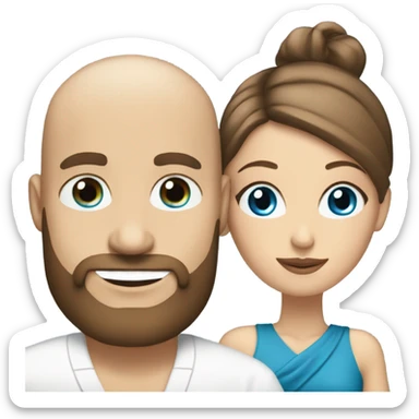Bald man with beard and long straight brown haired woman with blue eyes  having a tea Time  sticker