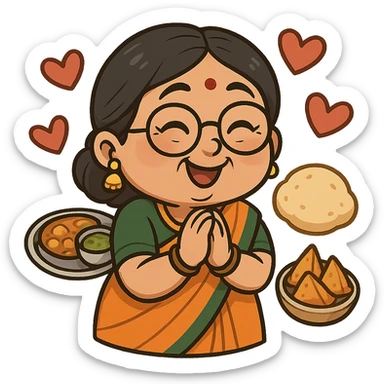 loving Indian auntie in traditional saree, hands clasped in excitement, surrounded by hearts and food, cartoon sticker emoji style, joyful slightly nosy expression sticker