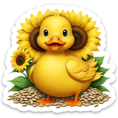 a happy duck with a pile of sunflower seeds sticker