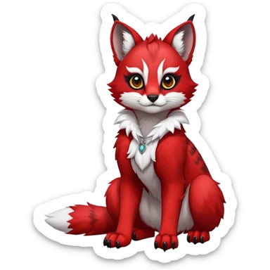 Cute kawaii cool edgy badass  bright cherry-red fur with clean snow-white chest and muzzle fantasy-caracal-civet-genet-sergal-vernid-Gryphon-Cacomistle-Trico-oncilla-animal-Fakémon-hybrid-fursona (full body), facial markings, (realism style) sticker