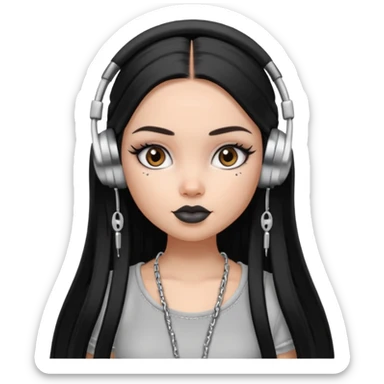 generate a pretty bratz girl with black long straight hair and silver headphones on, brown lipstick tattoo on shoulder, eyeliner on, silver hoops sticker