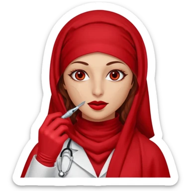 Lilith scalpel in hand, evil surgeon outfit.  She has red eyes. She has dark brown curly hair. Hair is long . Wears sexy doctor outfit with red gloves. Covers nose, neck and mouth with Muslim red burka sticker
