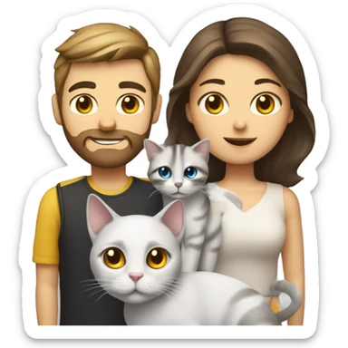 Family emoji: 1 man with brow eyes brown hair and brown beard,1  woman with blue eyes and brow hair, a black and white cat with yellow eyes and is a car with red gray and white color and yellow eyes sticker