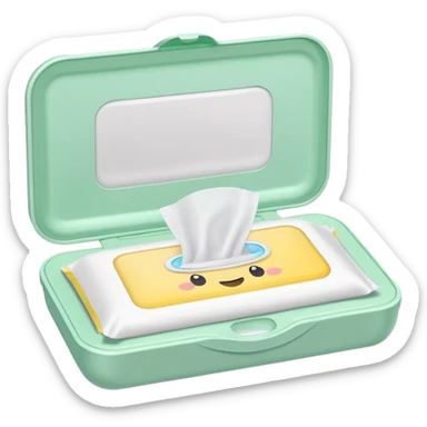 soft pastel green rectangular pack of baby wipes, slightly puffed, semi-open plastic lid, one white wipe pulled out, no branding or extra design, soft lighting, subtle shadows, emoji scale sticker