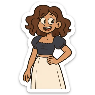tan girl with wavy hair, white long skirt, navy blue ruched square neck crop top sticker