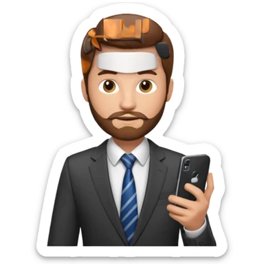 Escribano hombre con un poco de barba,  de traje con tez clara pelo color castaño, vestido con traje camisa y corbata y celular en mano .  sticker