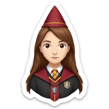 Georgina Leonidas is Katie Bell in harry potter, wear hogwarts gryfindor uniform, medium-to-long, straight brown hair, a practical and natural look, light skin sticker