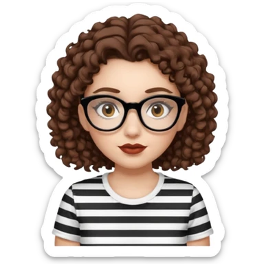 I want to describe me. I am a girl with brown hair amd curly hair. I have brown eyes and black glasses and long lashes with mascara. My lips are medium and my nose as well. I wear a white T-shirt  with black stripes. I am white skin with long curly hair sticker