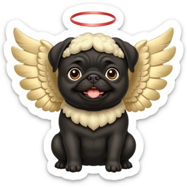 Black pug with big fluffy cream colored angel wings with gold dust on them sticker