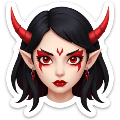 Head only: demon girl, 100% red skin, long black hair, small horns, sharp cheekbones, serious eyes, full lips, pointed ear; centered, no body, no text. sticker