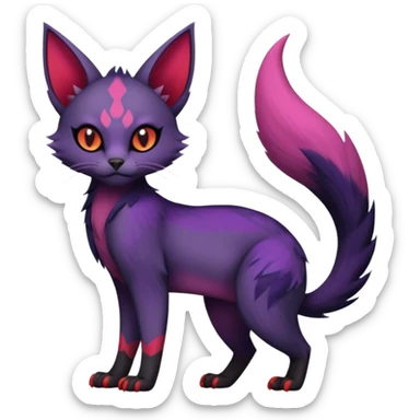 Black edgy Noibat-Purloin-Torracat-Lykoi-Caracal-cat-Fakemon-fusion-hybrid-creature with violet and red scale markings sticker