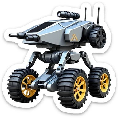 unstoppable jumping accurate 8-wheel armored canine sporty self-balancing massive mech trail vehicle shooting forward side-hill leaning actively robotically articulating hydraulic independent suspended pod gimbal enemy mech off-road racing rover with large fast engine RC basher crawler megatron  sticker