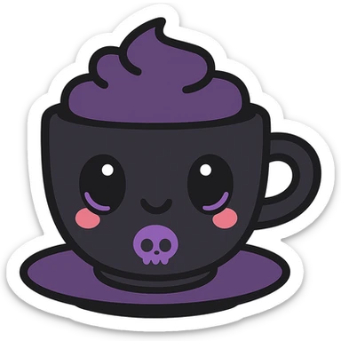 kawaii style gothic mocha in a cup with skull motif, adorable expression, black and purple color scheme, blushing cheeks, cute and mysterious sticker